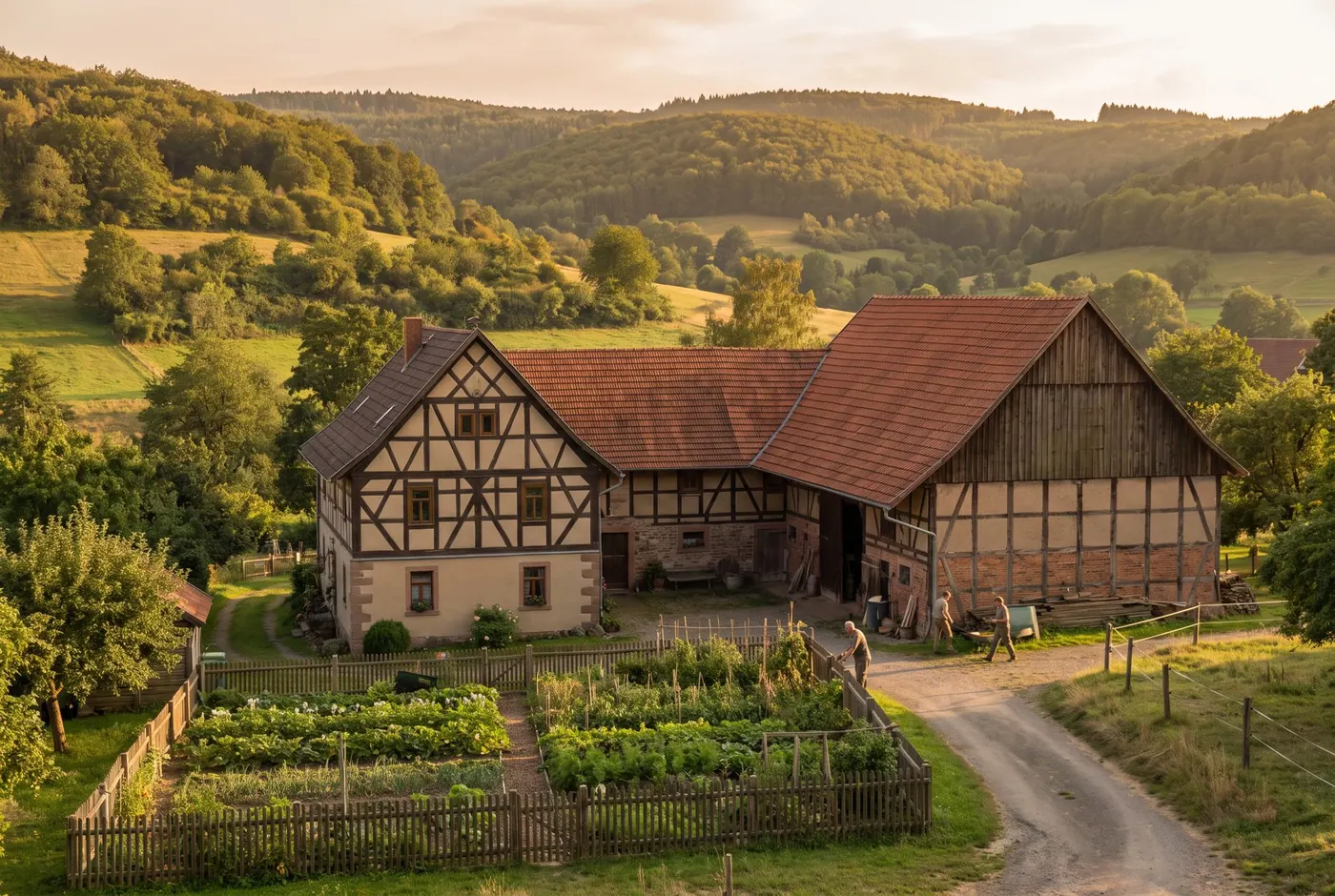 Bauernhof mit Fachwerkhaus und Scheune in einem nordhessischen Tal