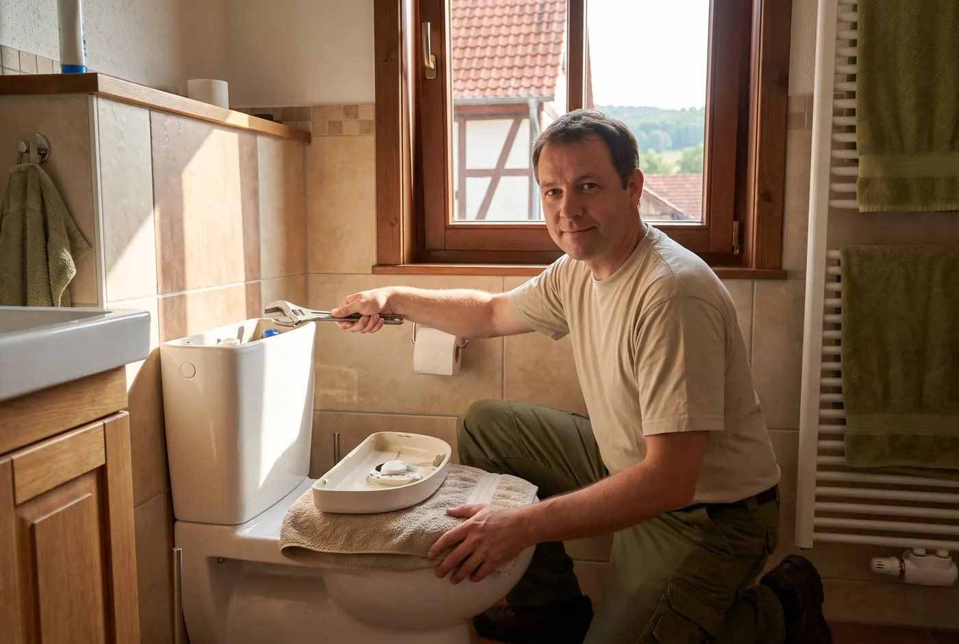 Füllventil im Spülkasten eines WCs wird eingestellt