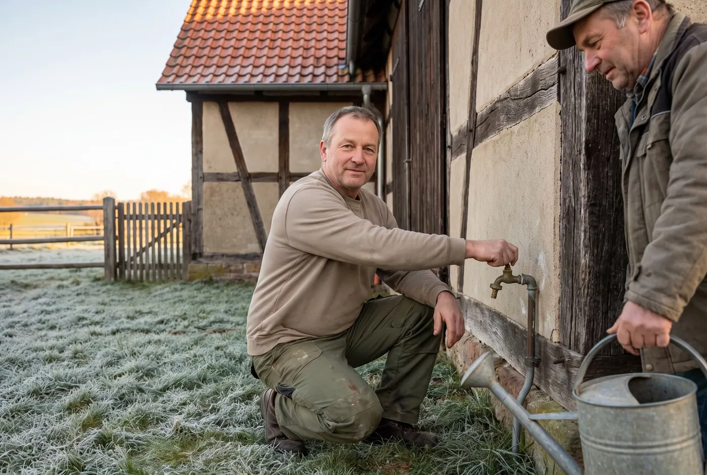 Außenwasserhahn am Stallgebäude wird vor dem Frost abgesperrt