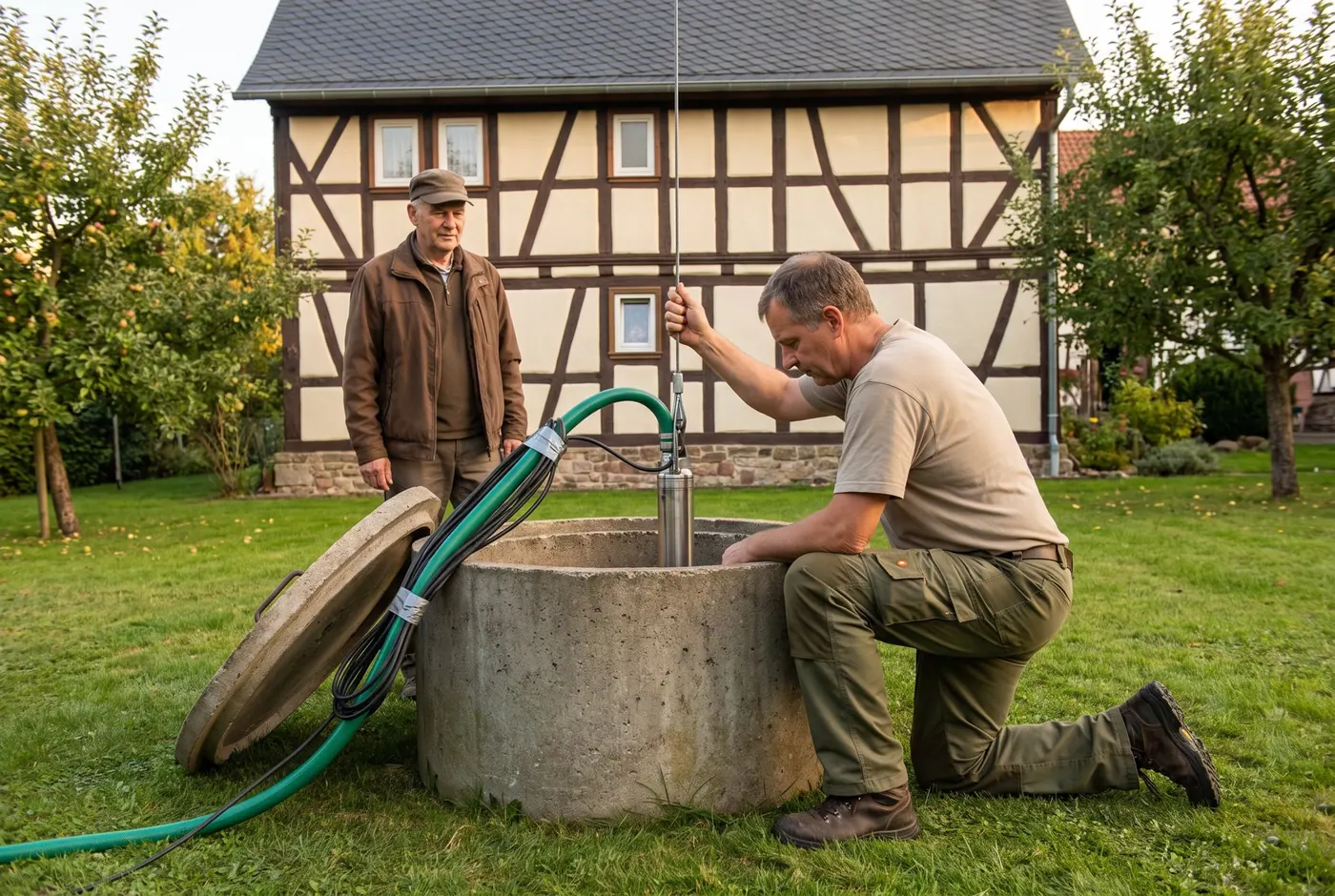 Brunnenpumpe wird im Garten eines Fachwerkhauses eingesetzt