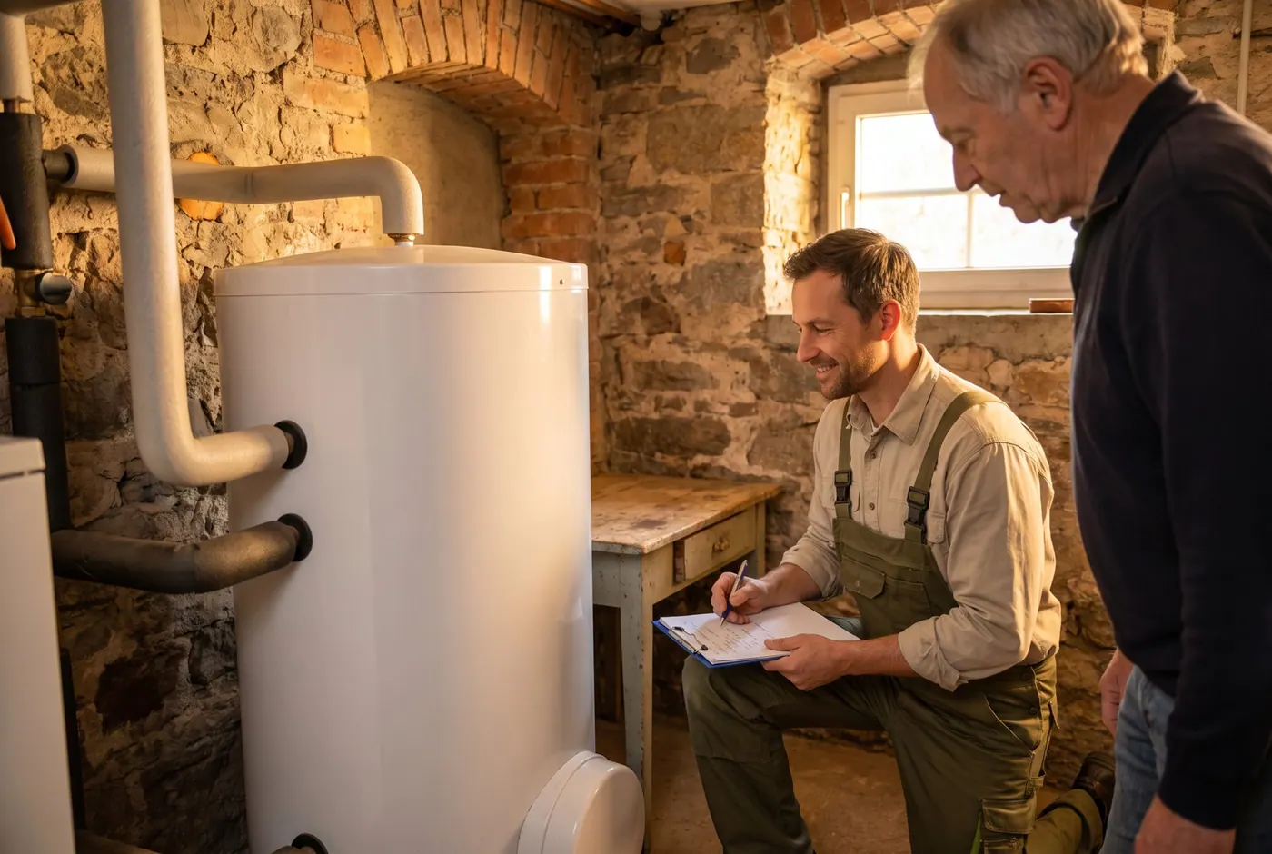 Warmwasserspeicher im Heizungskeller wird überprüft