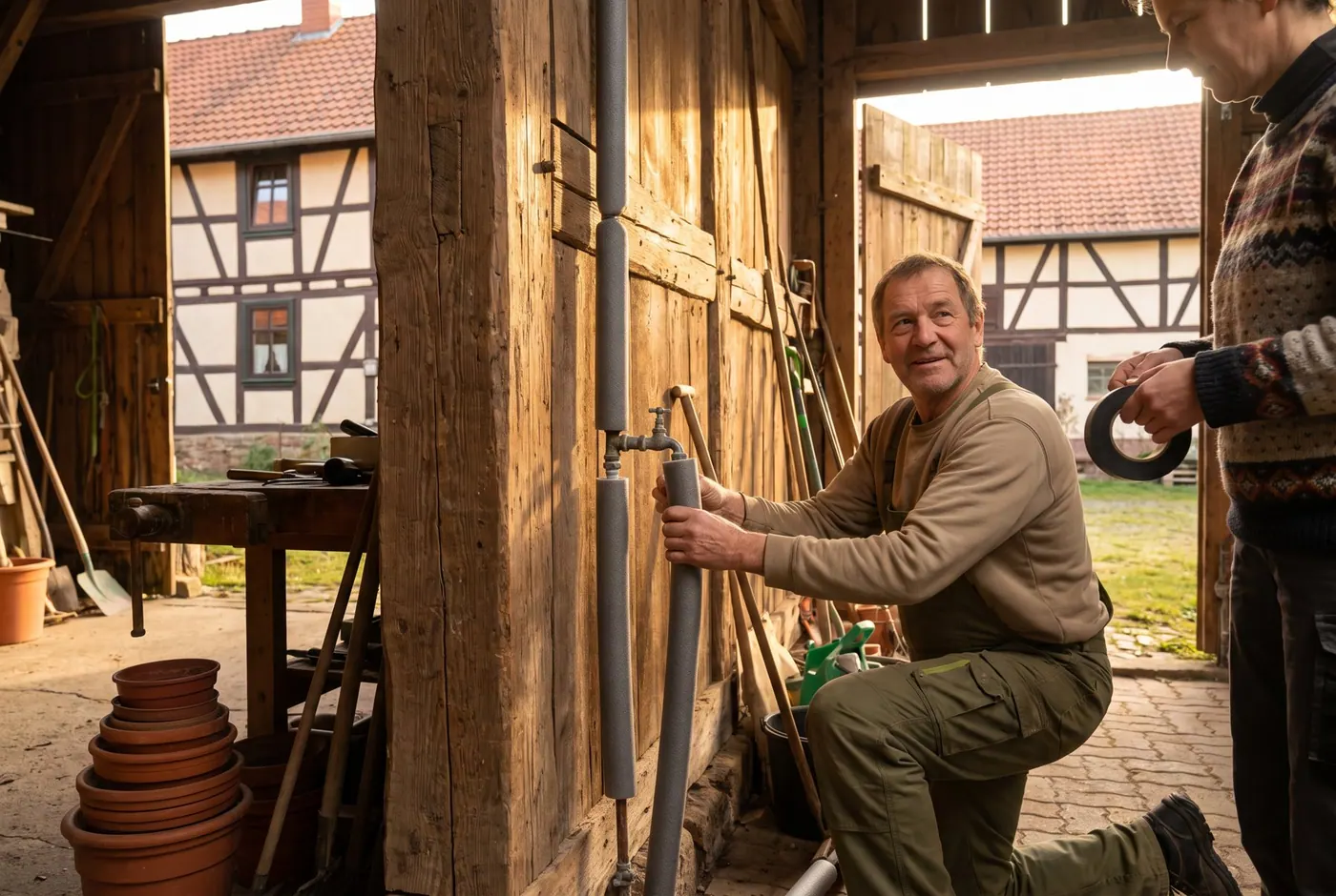 Wasserleitung in der Scheune wird mit Dämmung vor Frost geschützt