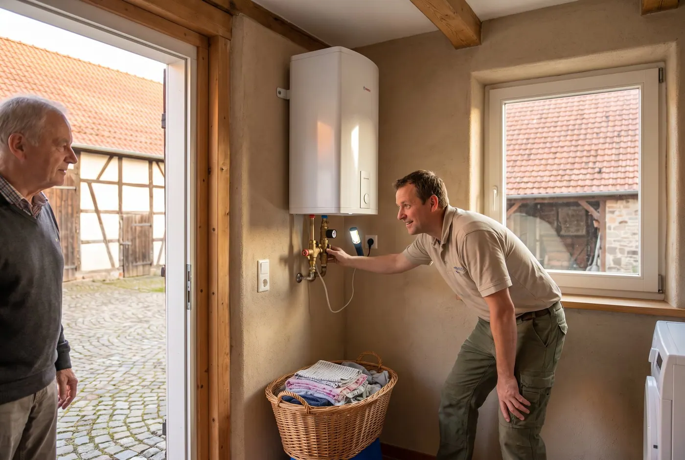 Fachkraft prüft den Warmwasserspeicher im Hauswirtschaftsraum