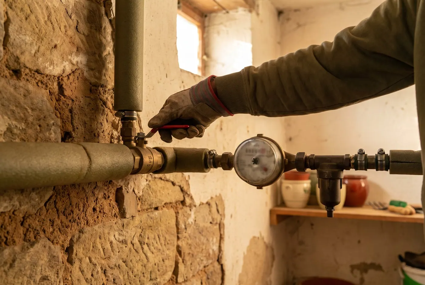 Hand schließt das Hauptabsperrventil vor dem Wasserzähler