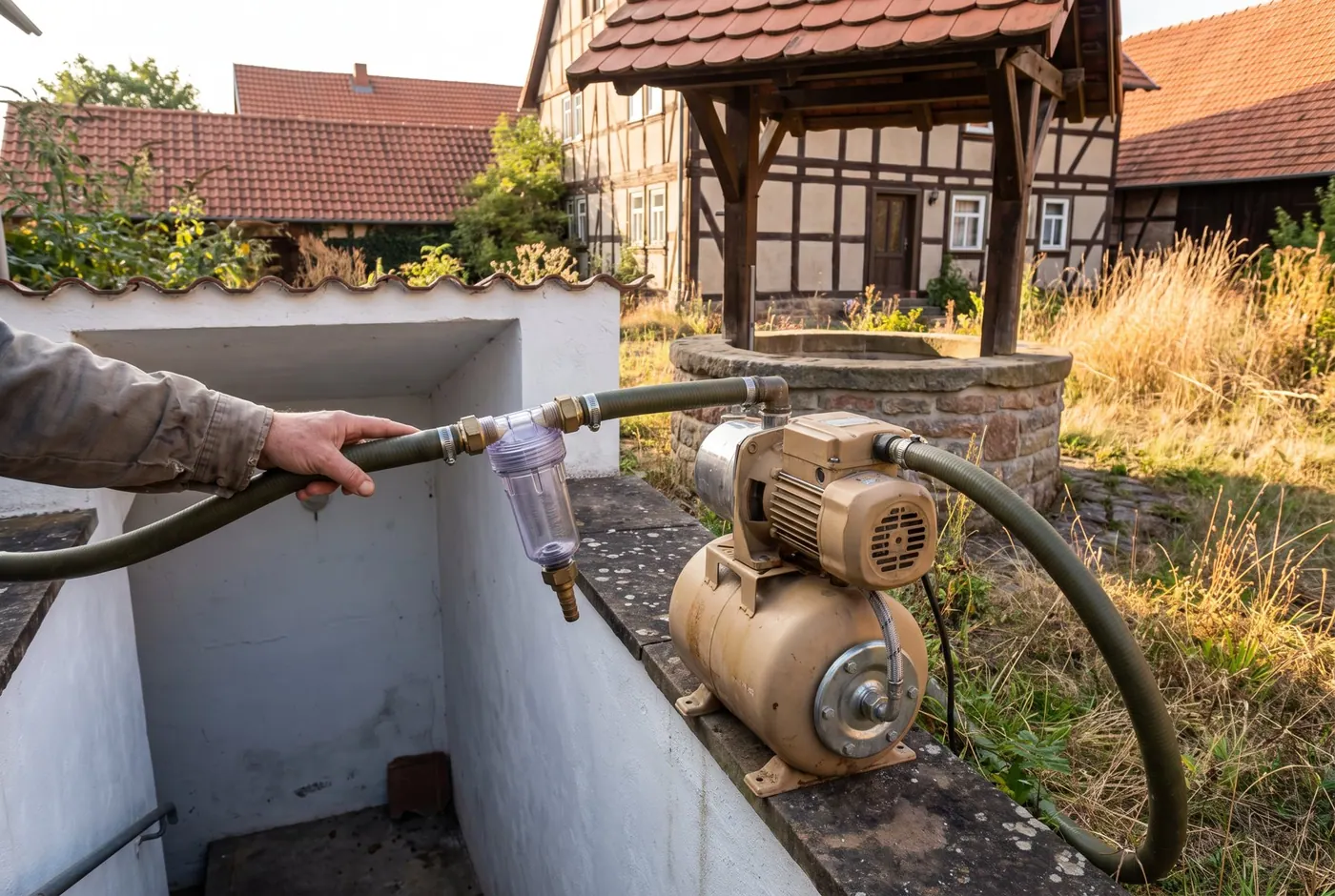 Saugfilter und Rückschlagventil an der Saugleitung eines Hauswasserwerks