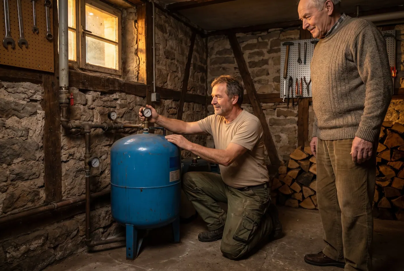 Luftvordruck am Druckkessel des Hauswasserwerks wird gemessen