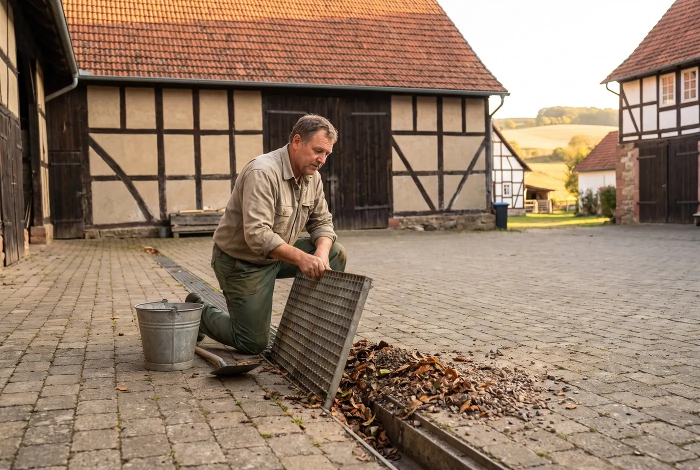Gitterrost einer verstopften Hofrinne wird angehoben