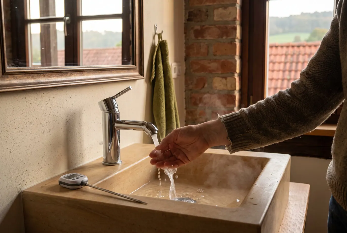 Hand prüft die Temperatur des laufenden Warmwassers am Waschbecken
