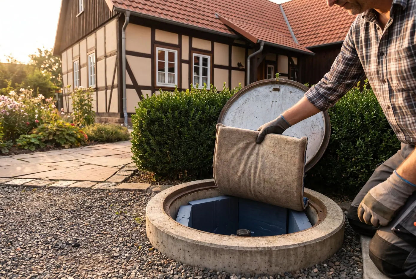 Geöffneter Wasserzählerschacht im Vorgarten wird gedämmt