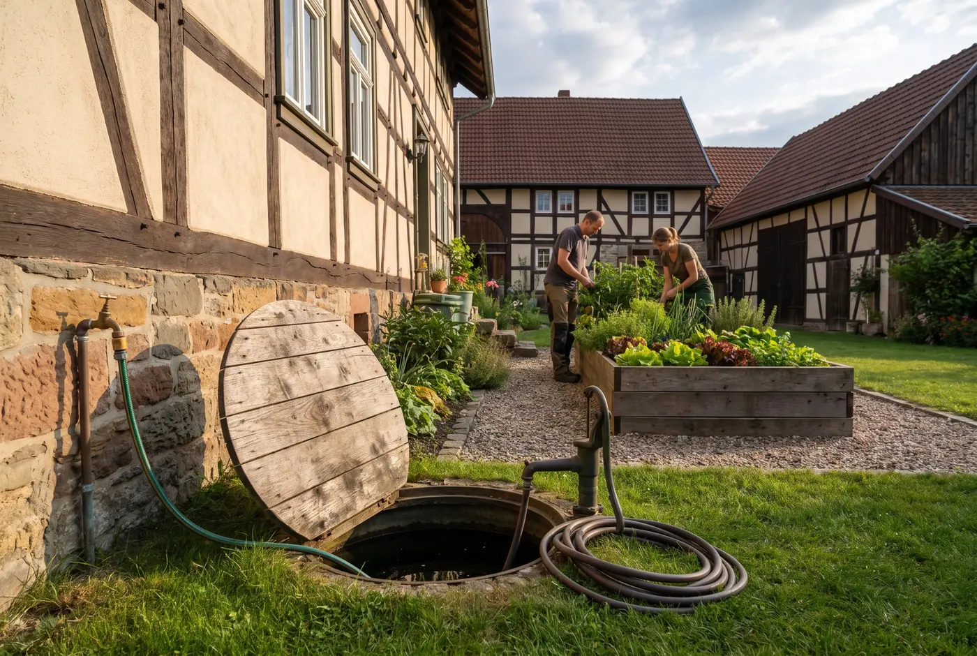 Regenwasserzisterne im Garten mit Pumpe und Gartenschlauch